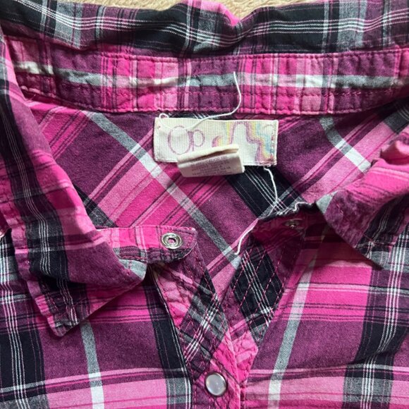 Ocean Pacific OP Juniors XL Pink Button Up Collard Flannel Long Sleeve Plaid - Picture 3 of 5